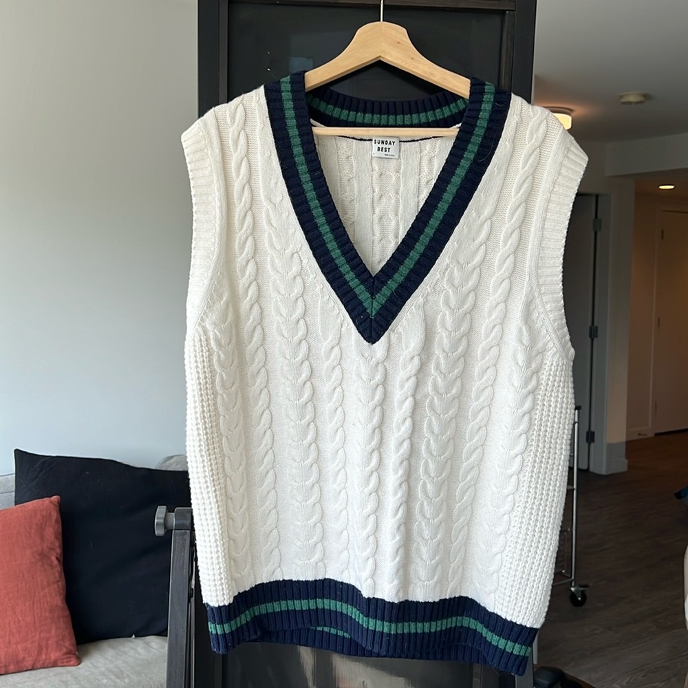 Sunday Best White Cable Knit V-Neck Sweater Vest with Navy & Green Trim